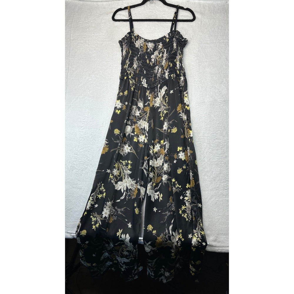 Pilcro Floral Jumpsuit Womens Large Black Yellow Smocked Wide Leg Strappy